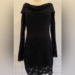 Fashion Nova Black Lace Bodycon Dress Long Sleeve Off Shoulder Lined Sz.L. NWT